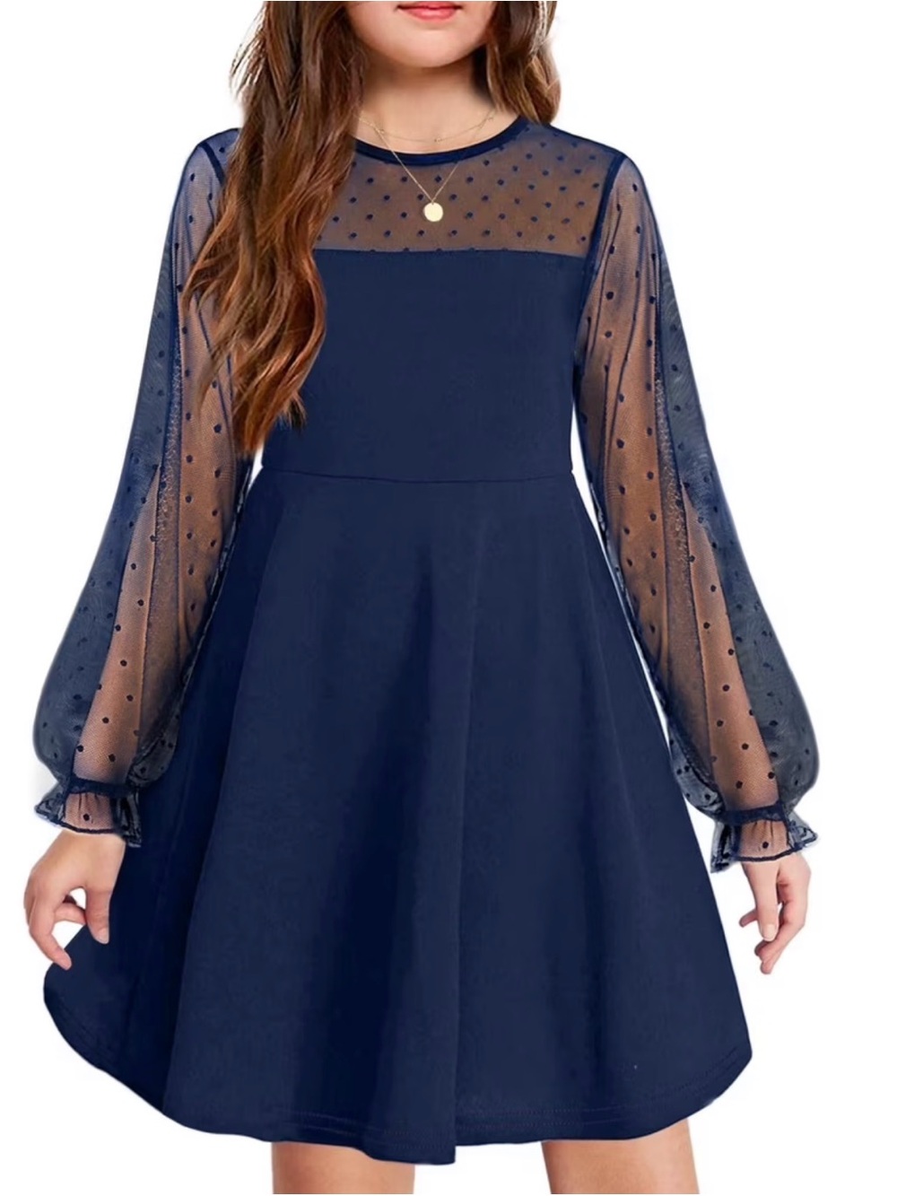 Navy Polka Dot Mesh Sleeve Fit-and-Flare Girls Dress